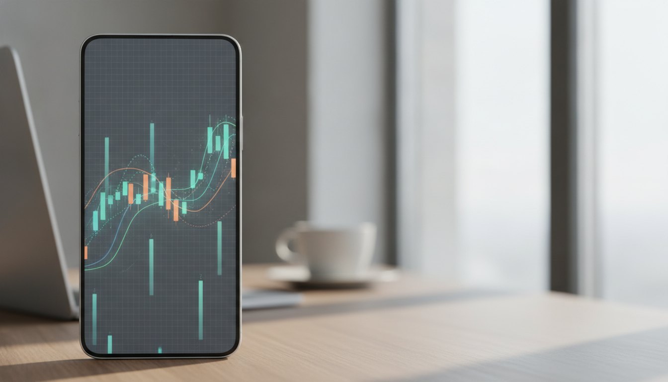 Smartphone exibindo um painel financeiro com linhas e colunas alinhadas em uma tela vertical.