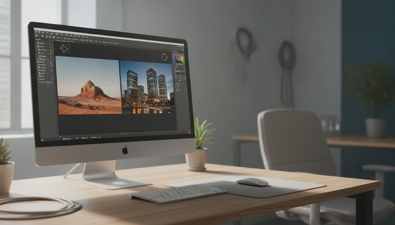 Monitor exibindo um programa de edição gráfica com duas fotografias abertas lado a lado.