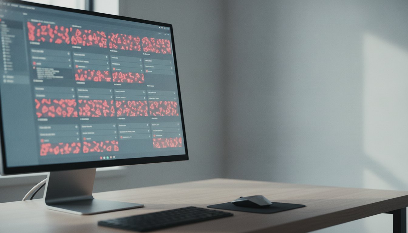 Tela de computador exibindo campos de texto preenchidos com caracteres de alerta em vermelho brilhante.